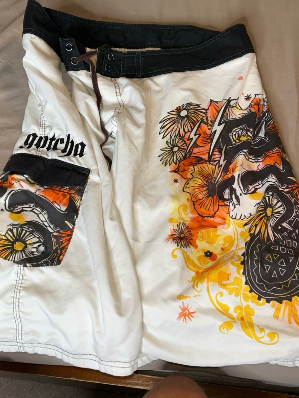 Gotcha White Men's Swim Cargo Shorts with Orange Floral Skull Print